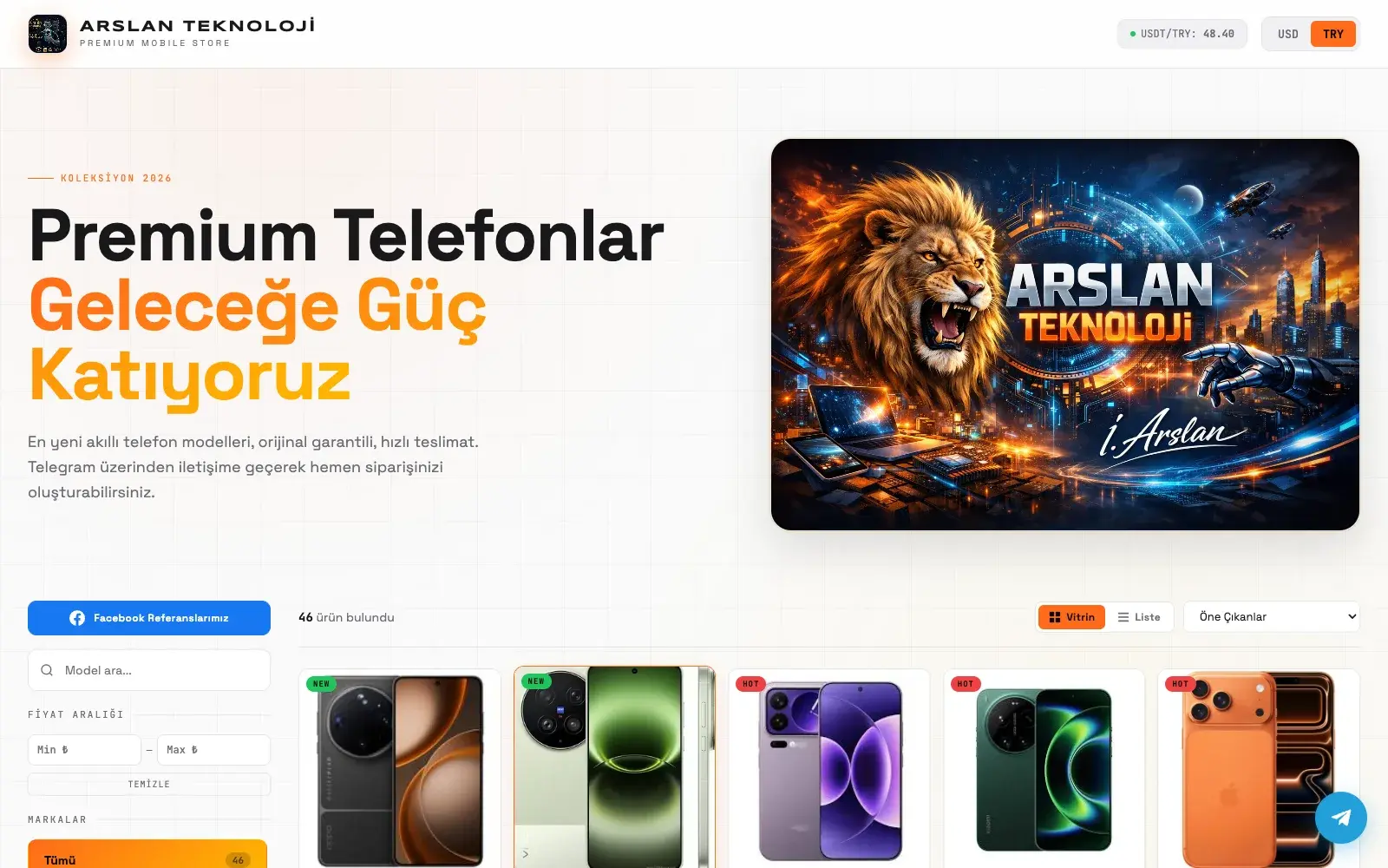 Arslan Teknoloji ana sayfası: ürün vitrini ve filtreler.
