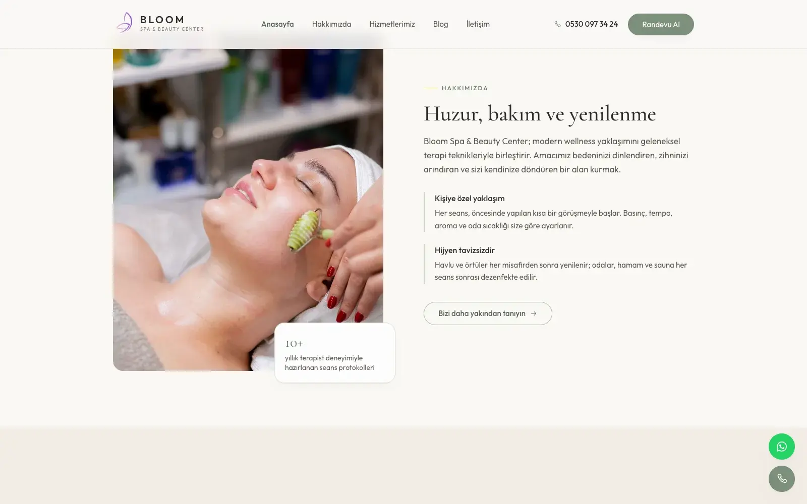 Bloom Spa sitesinin hizmetler bölümü.