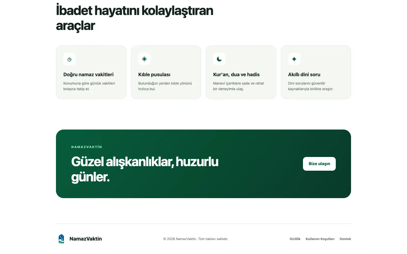 NamazVaktin sitesinin özellikler bölümü.