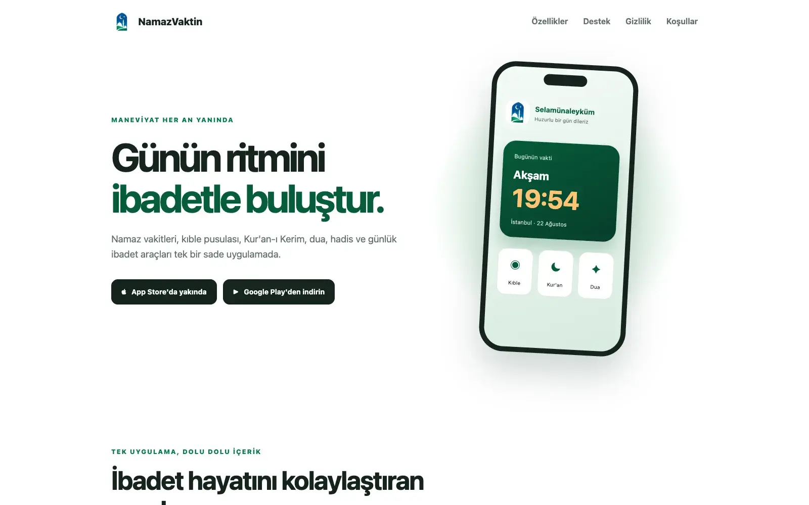 NamazVaktin tanıtım sitesi masaüstü görünümü.
